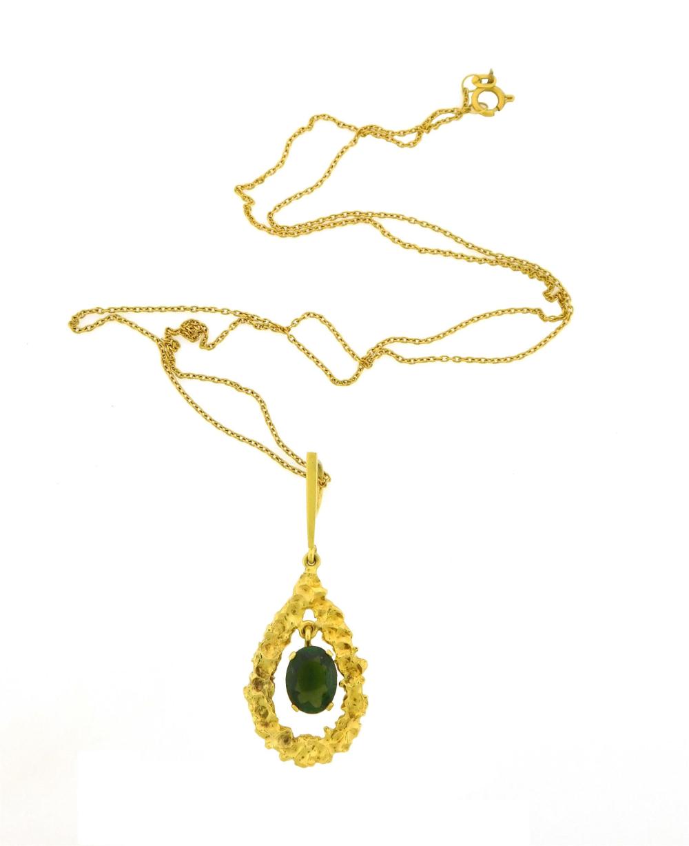 Appraisal: JEWELRY K Tourmaline pendant with chain tear drop nugget finish