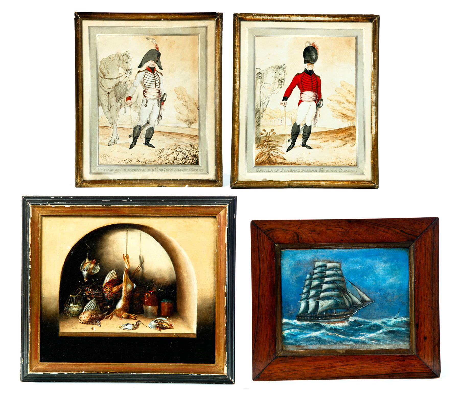 Appraisal: FOUR FRAMED PAINTINGS Pair of Engish th Cavalry and Officer