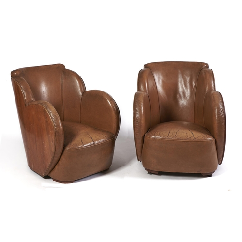 Appraisal: A pair of art deco plywood and beige leather armchairs