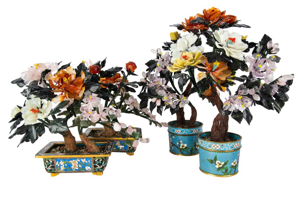 Appraisal: TWO PAIRS OF CHINESE MINERAL TREESeach set in a cloisonne