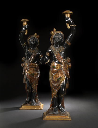 Appraisal: Tall Pair of Venetian Carved Polychromed and Parcel-Gilt Wood Blackamoor