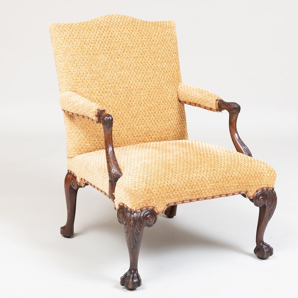 Appraisal: George III Carved Mahogany Library Armchair Upholstered in woven chenille