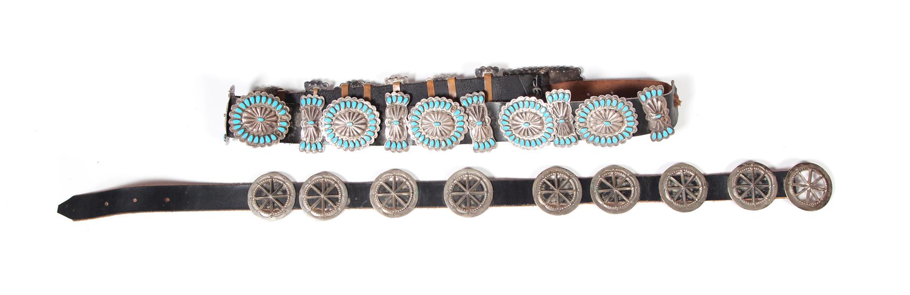 Appraisal: TWO NAVAJO BELTS Twentieth century Brown leather belt with silver