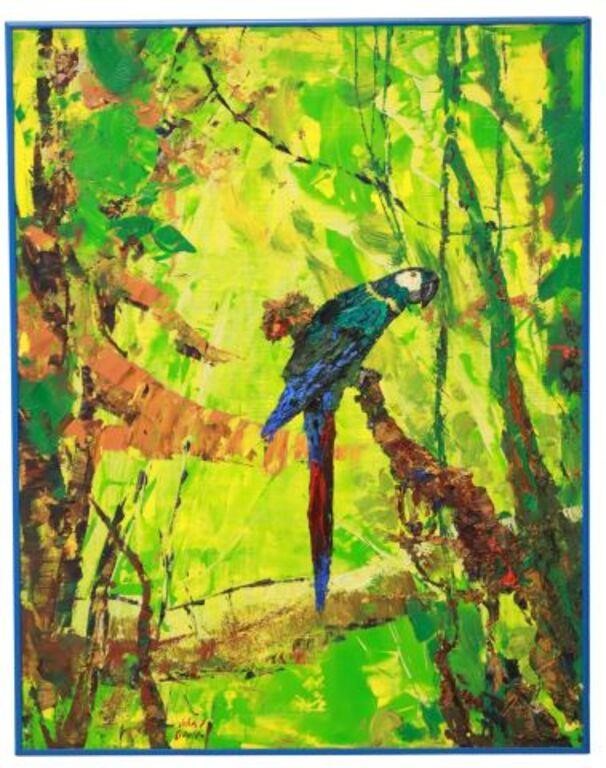 Appraisal: Framed oil on board painting Macaw Perched in Rainforest signed