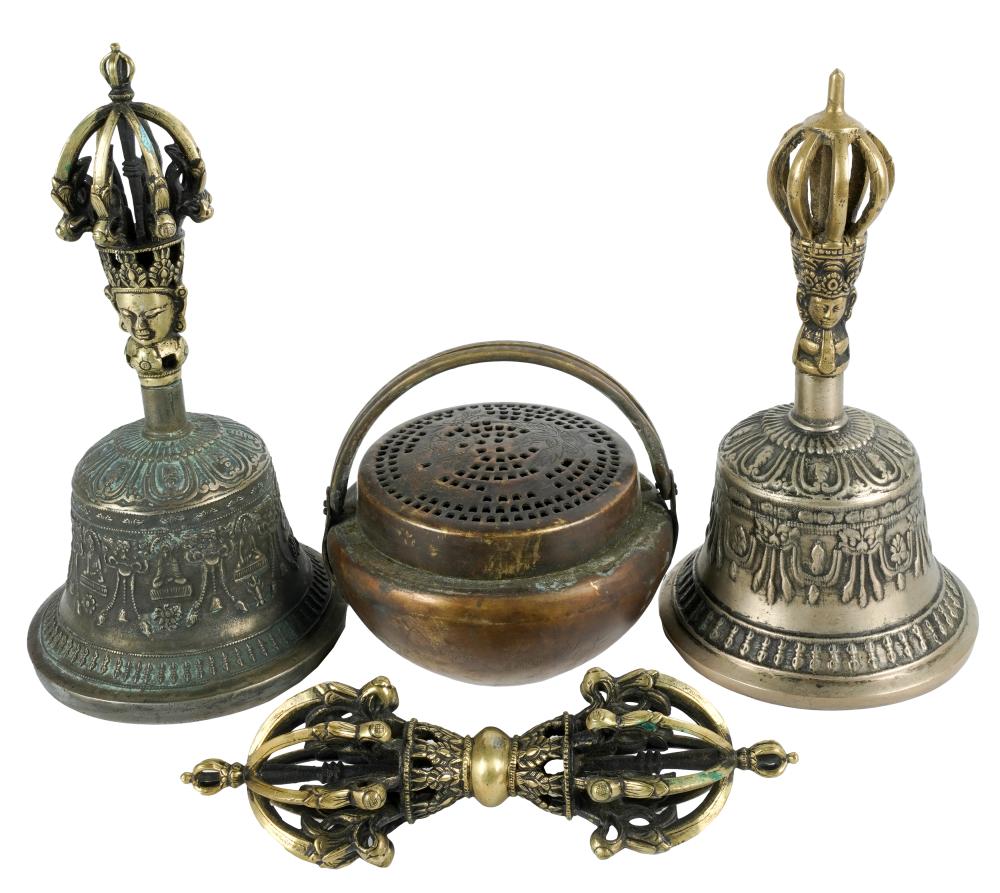 Appraisal: FOUR BRONZE VOTIVE OBJECTSthe first green patinated bell inches diameter