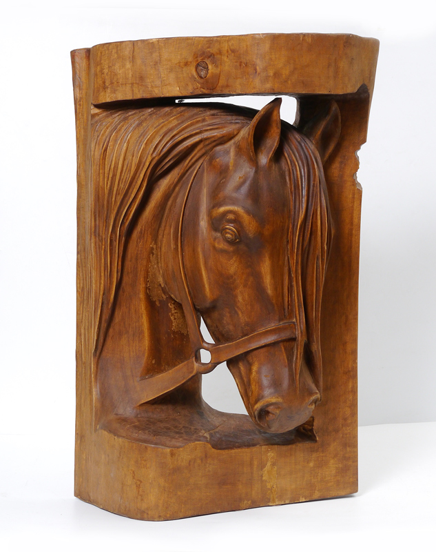 Appraisal: CARVED WOOD WALL MOUNT HORSE SCULPTURE Nicely detailed carving of