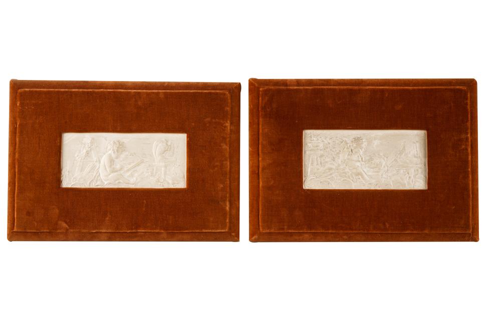 Appraisal: PAIR OF BAS RELIEF ALLEGORICAL PANELSmolded plaster within red velvet-covered