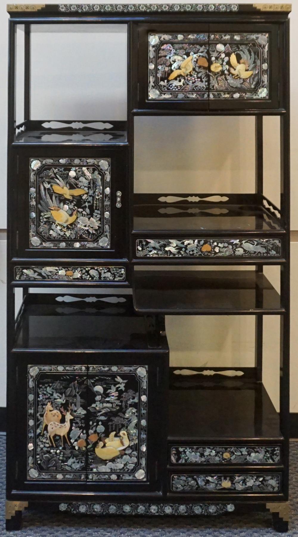 Appraisal: Korean Mother of Pearl Inlaid Black Lacquered Etagere x x