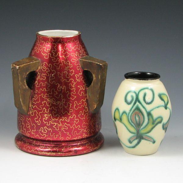 Appraisal: Two art pottery vases including a three-handled bullet form in