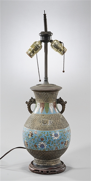 Appraisal: Chinese cloisonne metal lamp on wooden base x overall approx