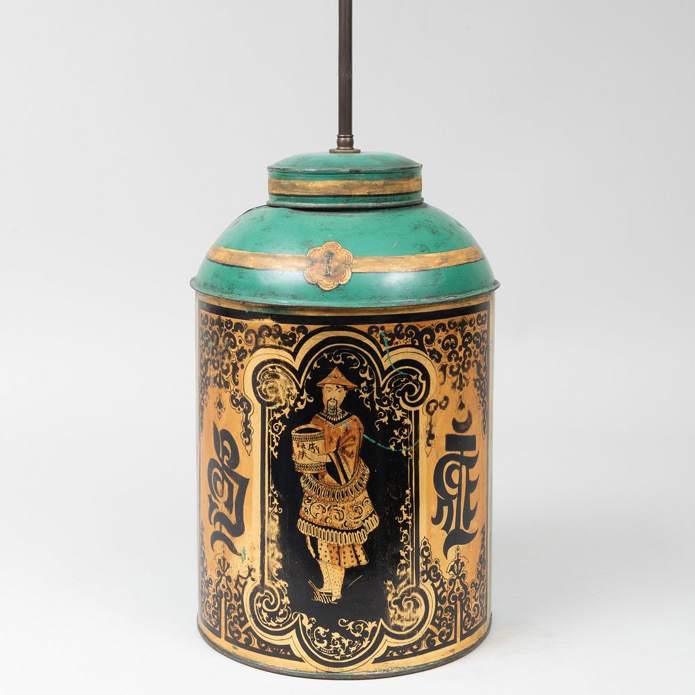 Appraisal: English Painted and Parcel-Gilt Tea Canister Mounted as a Lamp