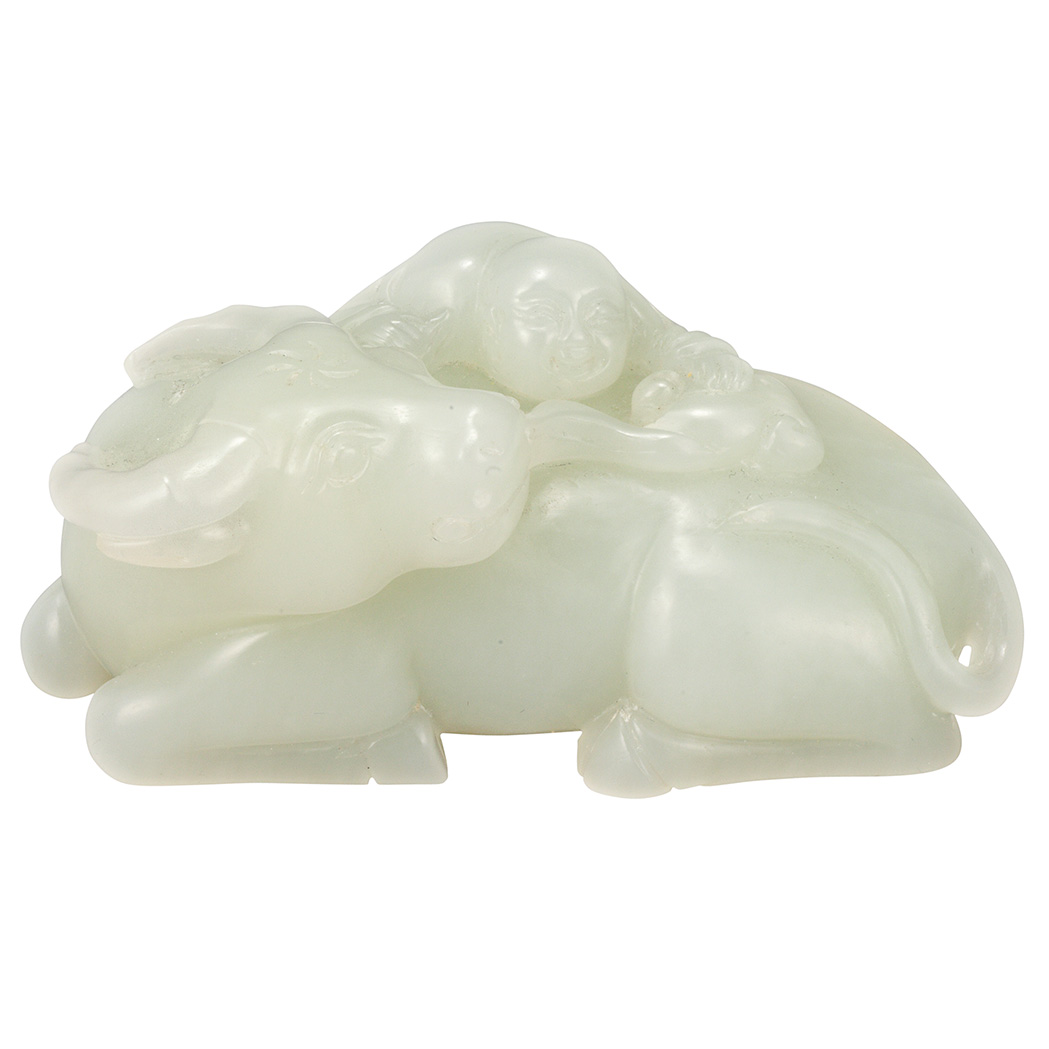 Appraisal: Chinese White Jade Buffalo The recumbent beast with a lingzhi