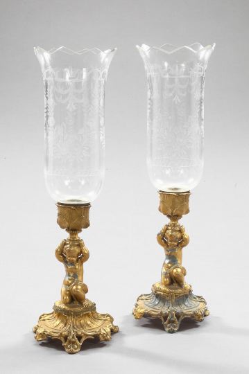 Appraisal: Pair of English Gilt-Spelter Figural Hurricane Candlesticks third quarter th