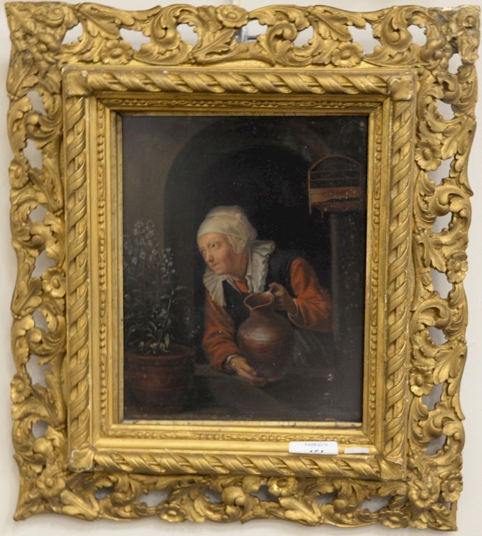 Appraisal: After Gerrit Dou - oil on panel old woman watering