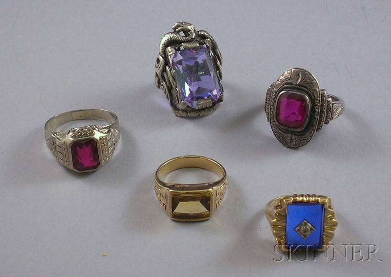 Appraisal: Five Gold and Silver Gemstone Rings including a kt white