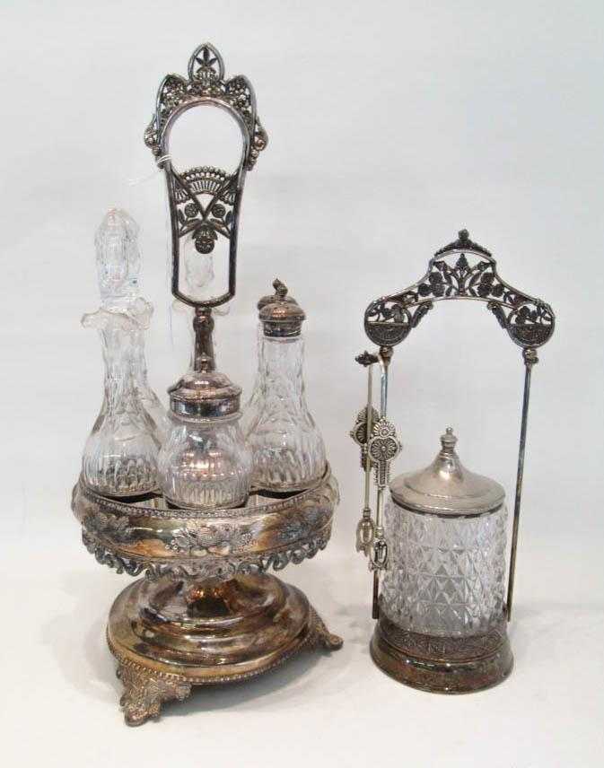 Appraisal: A VICTORIAN SILVERPLATED CASTER AND PICKLE CRUET in differing patterns