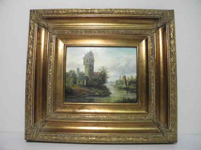 Appraisal: Framed oil on board painting of an old lighthouse Signed