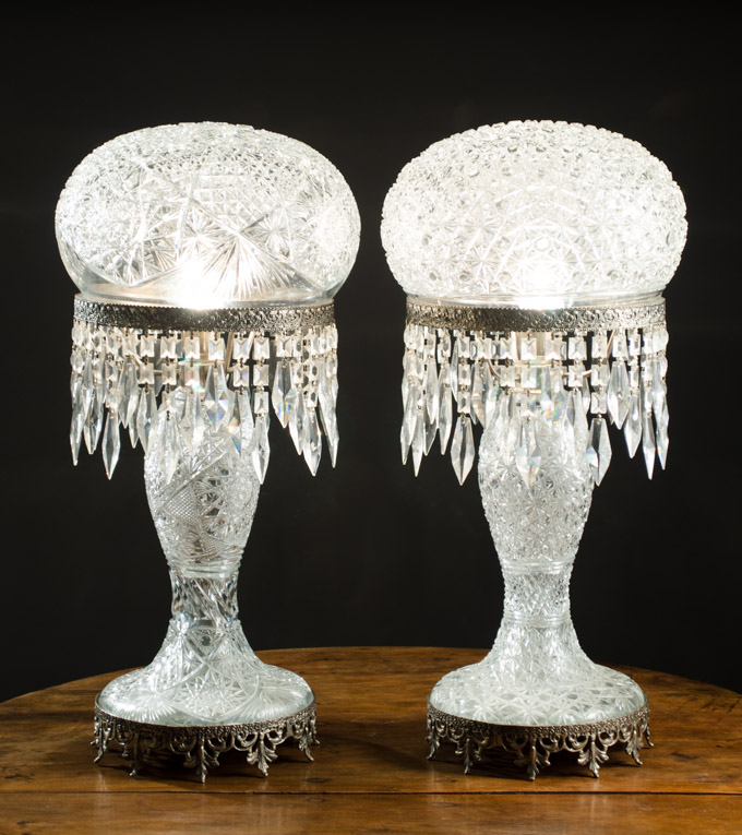 Appraisal: TWO CUT CRYSTAL CONTINENTAL TABLE LAMPS having hobstar cut mushroom