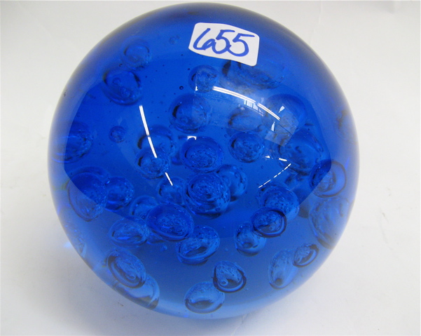 Appraisal: LARGE COLORED GLASS PAPERWEIGHT translucent cobalt blue sphere form interior