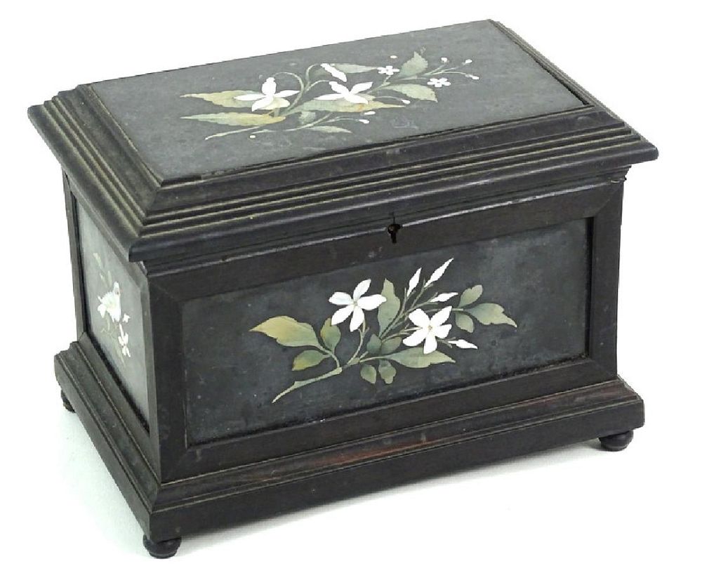 Appraisal: Italian pietra dura paneled ebony casket box Italian pietra dura