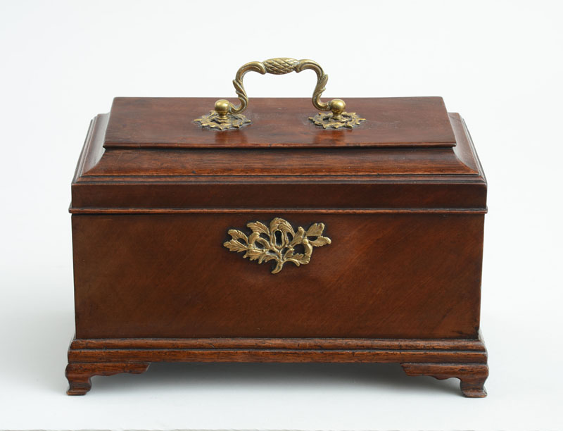 Appraisal: GEORGE II BRASS-MOUNTED MAHOGANY TEA CADDY The flattened dome cover