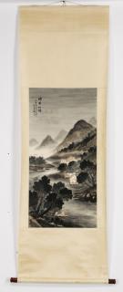 Appraisal: Chinese watercolor scroll painting of mountains l Chinese ink and