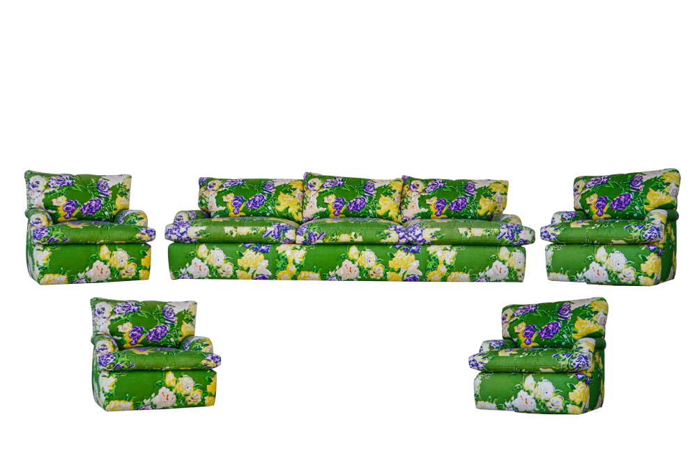 Appraisal: GREEN FLORAL UPHOLSTERED SOFA FOUR CLUB CHAIRSthe sofa inches wide