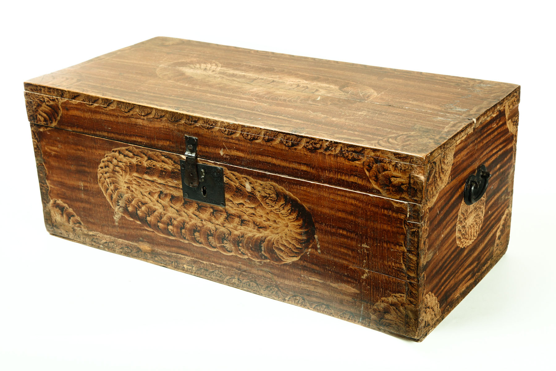 Appraisal: DECORATED CHEST New England - basswood Dovetailed box with wrought-iron