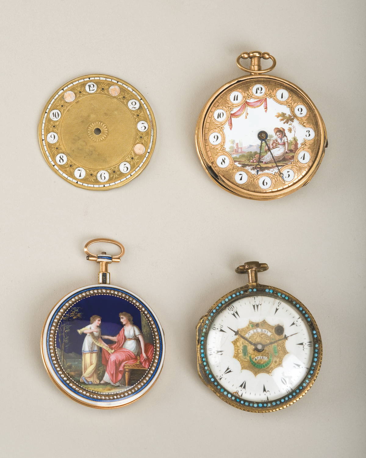 Appraisal: FOUR FRENCH ENAMEL AND GOLD WATCHES TWO WITH ENAMEL FRONTS