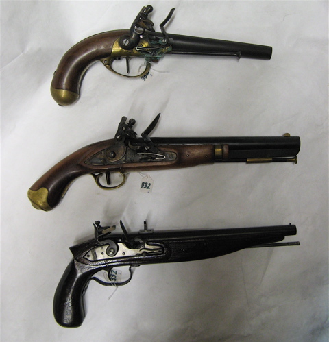 Appraisal: LOT OF THREE BLACK POWDER FLINTLOCK PISTOLS Charleville caliber round