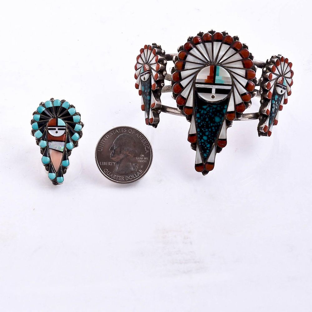 Appraisal: NATIVE AMERICAN KACHINA SILVER BRACELET AND RING Turquoise red coral