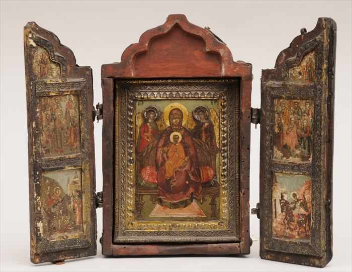 Appraisal: RUSSIAN PAINTED TRYPTYCH SET INTO A METAL-MOUNTED CASE The central