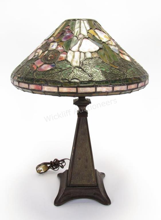 Appraisal: Bronze Leaded Glass Table Lamp bronze four sided tapered form