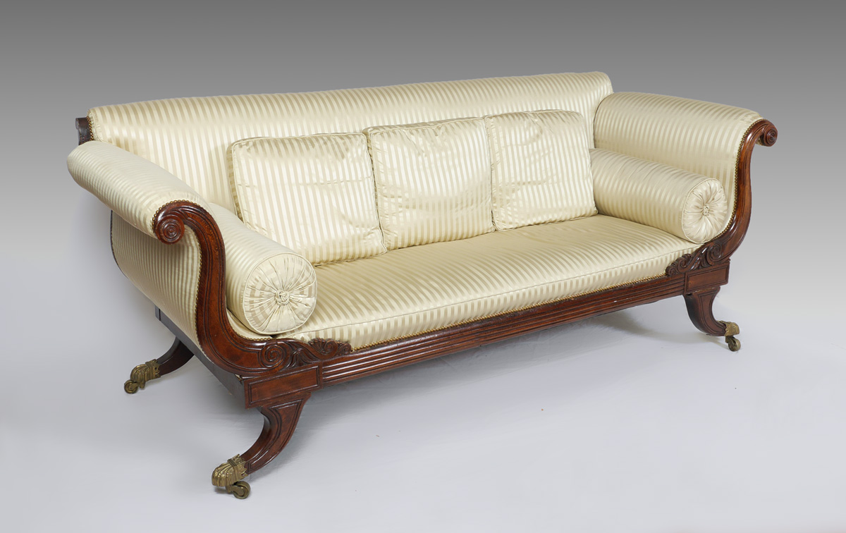 Appraisal: FEDERAL STYLE CARVED SOFA Outward scroll arms with carved fronts