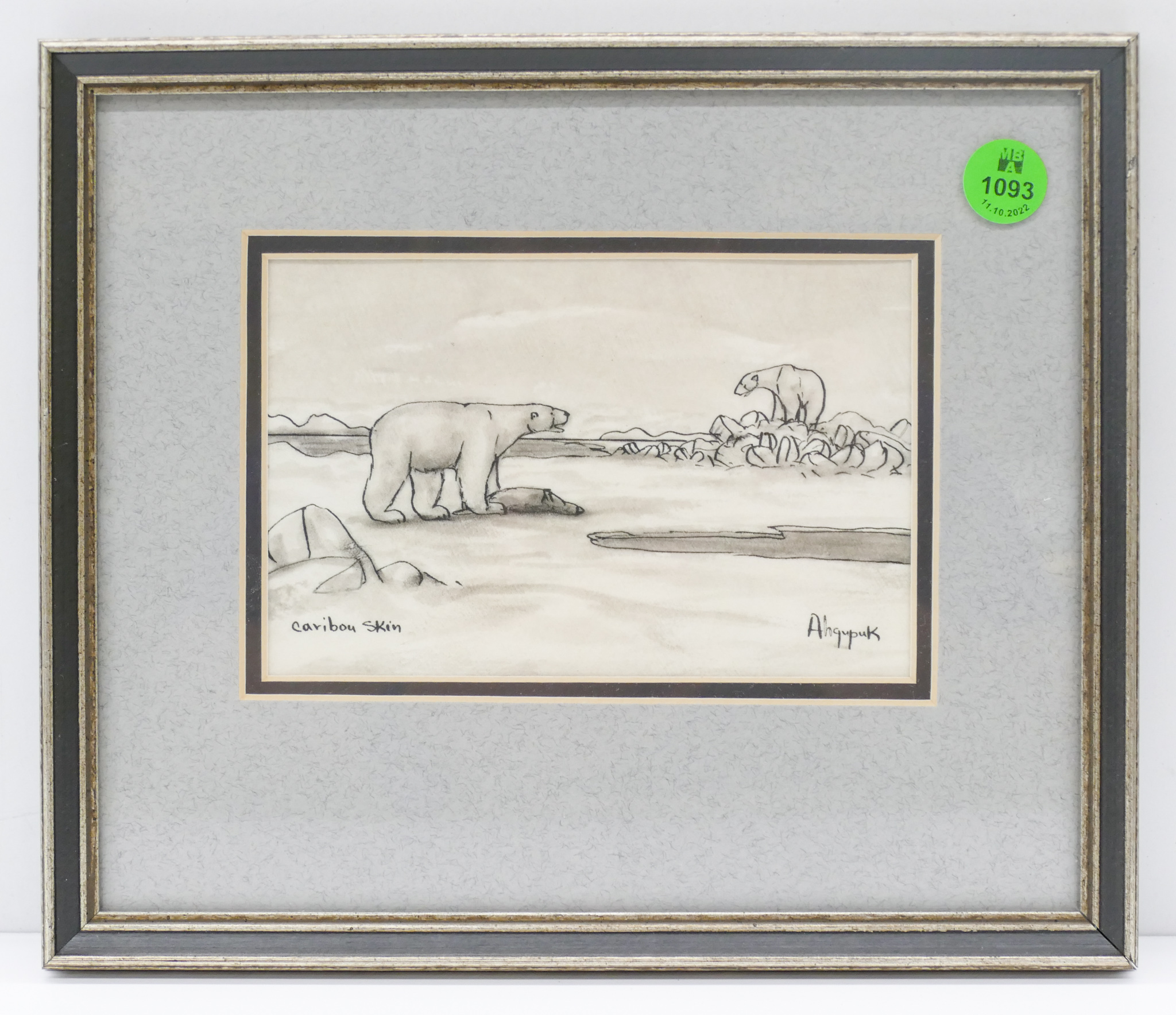 Appraisal: George Ahgupuk Polar Bears Ink on Caribou Skin Framed ''