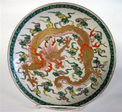 Appraisal: Chinese famille verte and gilt painted dragon dishqianlong mark th