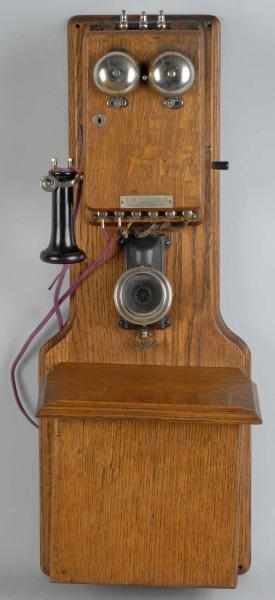 Appraisal: Farr Two Box Telephone Description Circa Oak Unknown Pony receiver