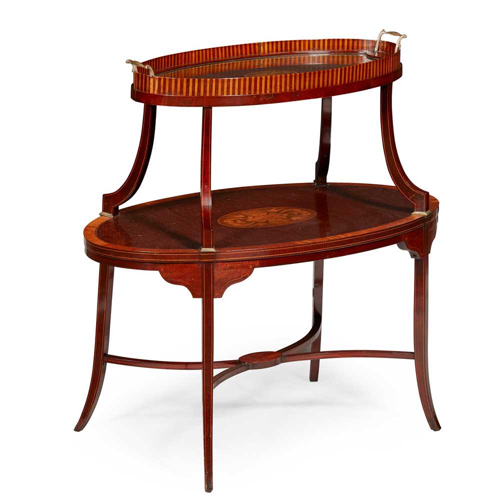 Appraisal: EDWARDIAN MAHOGANY AND SATINWOOD BANDED ETAGERE TRAY TABLE EARLY TH