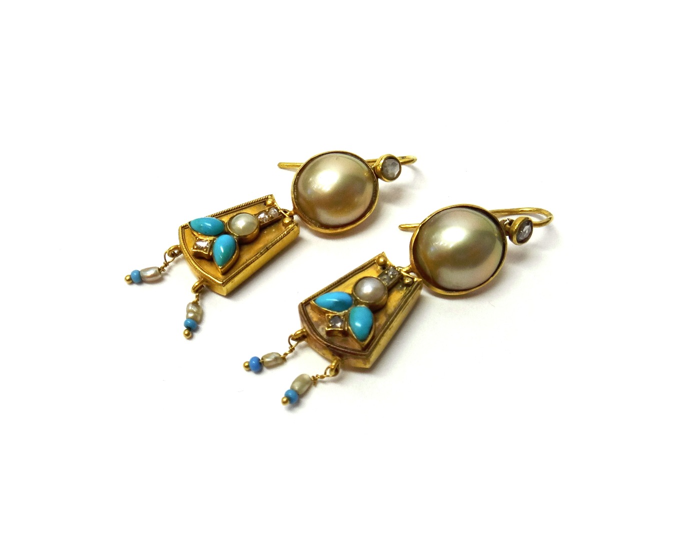 Appraisal: A pair of gold rose diamond turquoise and cultured pearl