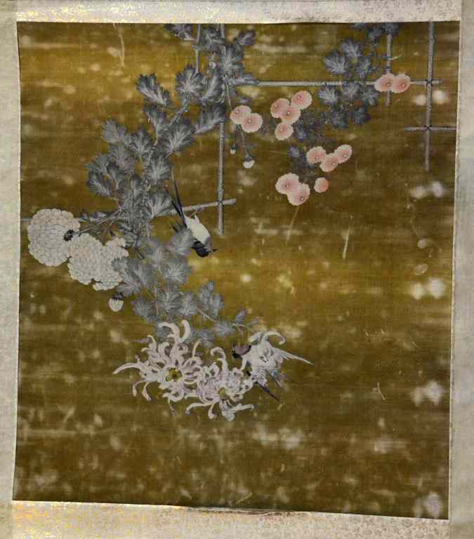 Appraisal: Chinese Qing Embroidered ScrollDepicting Sparrows And Lotus against a bamboo