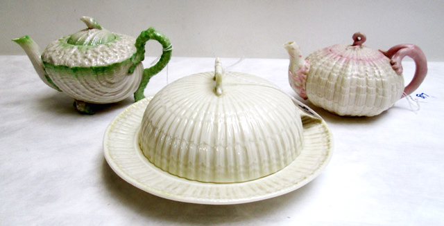 Appraisal: TWO BELLEEK PARIAN PORCELAIN TEA POTS AND MUFFIN DISH the