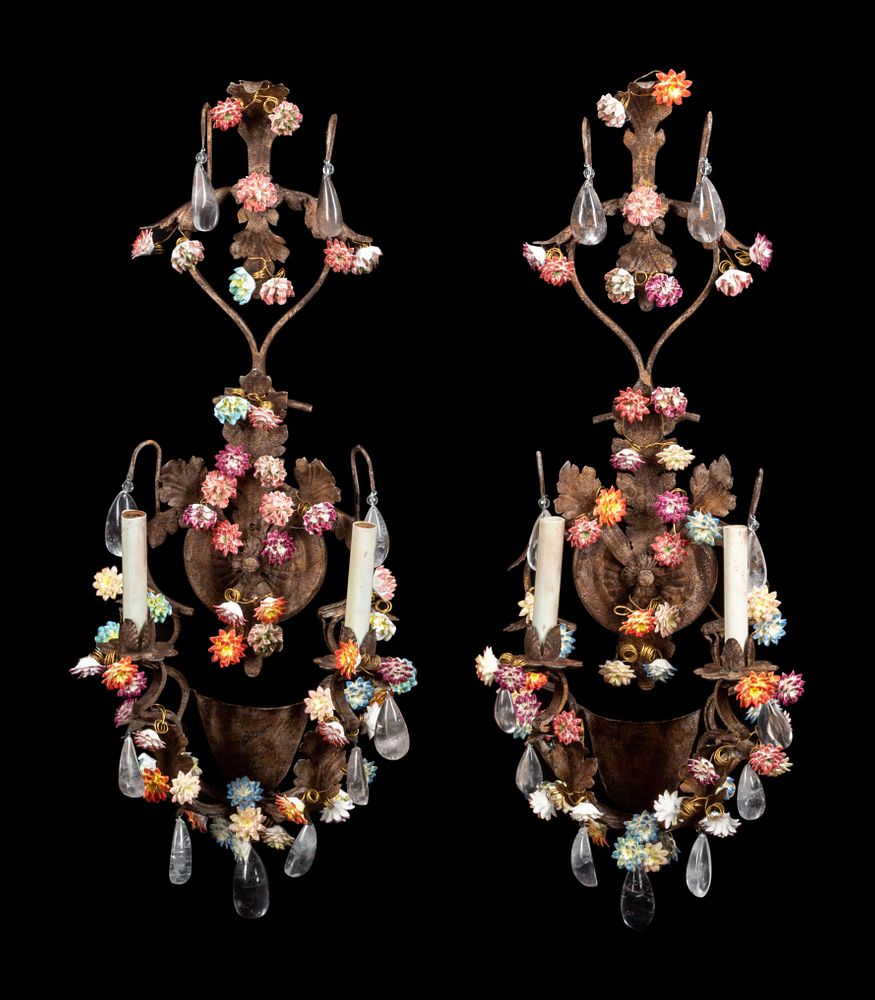 Appraisal: A Pair of French Wrought Iron Ta le Porcelain and