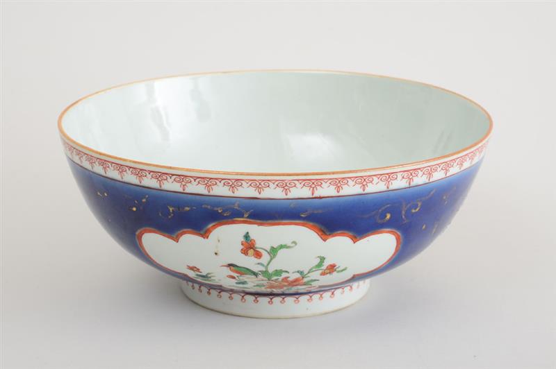 Appraisal: CHINESE FAMILLE VERTE BLUE-GROUND PORCELAIN PUNCH BOWL The interior with