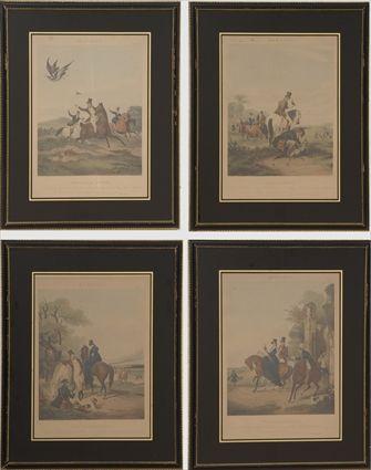 Appraisal: English School th C Four Hawking Scenes Hand-colored stipple engravings