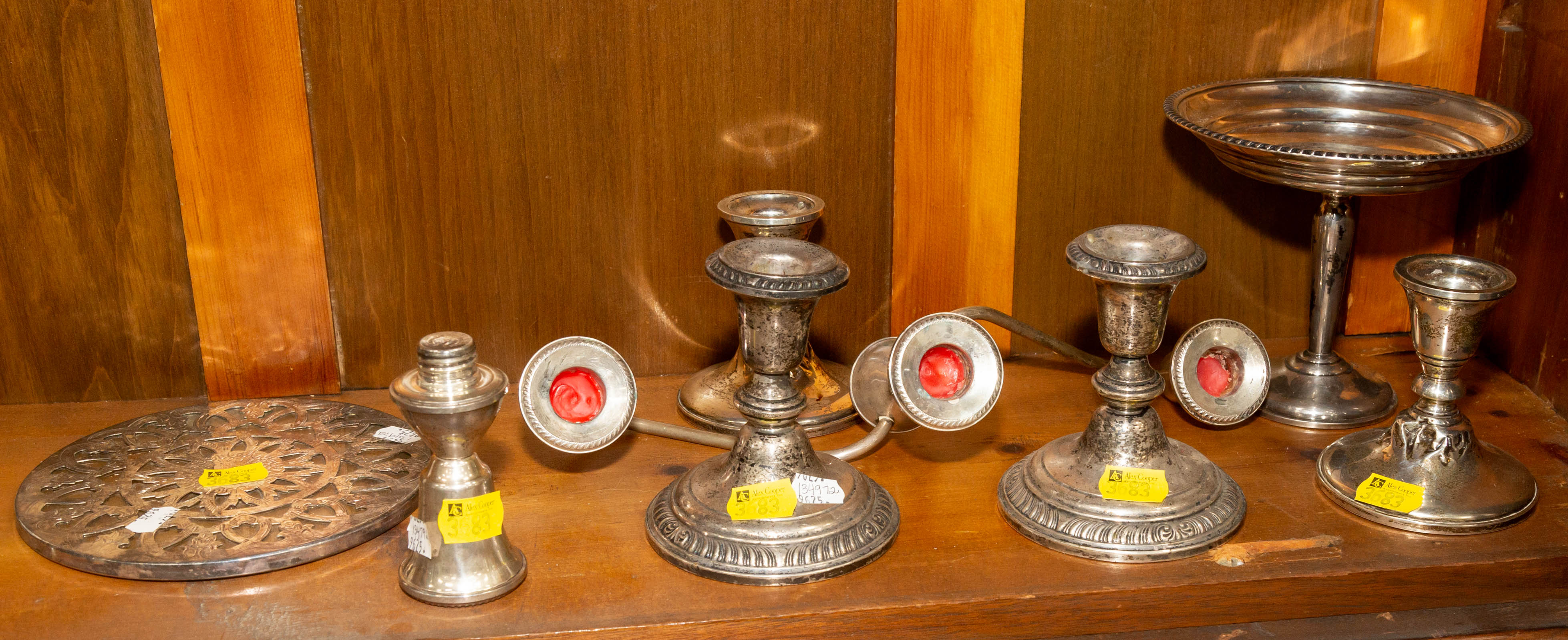 Appraisal: GROUP STERLING WEIGHTED TABLE ITEMS Including two pairs low candlesticks