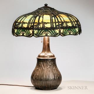 Appraisal: Handel Metal Overlay Table Lamp Patinated metal slag glass Connecticut