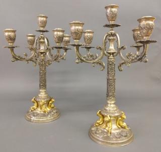 Appraisal: Silver plate candelabra Pair of silver plate candelabras with floral