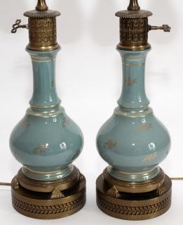 Appraisal: BLUE GLASS LAMPS PAIR BLUE GLASS LAMPS PAIR H Each