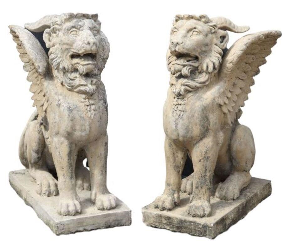 Appraisal: pair Cast stone figural garden sculptures Winged Lions with Horns