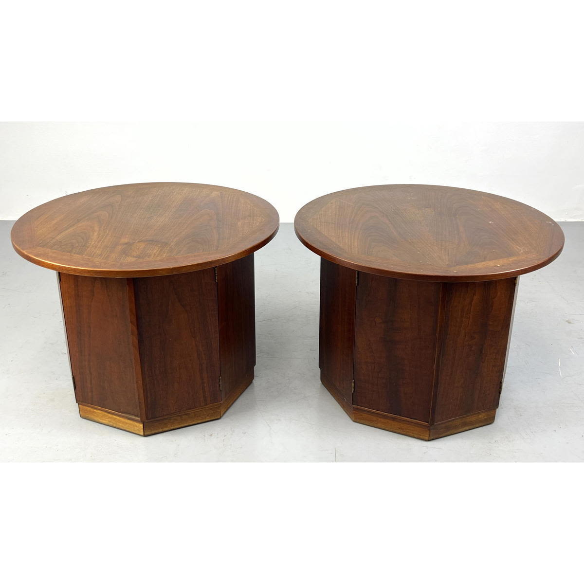 Appraisal: Pr American Modern Walnut Hexagonal Tables Round Tops Double doors